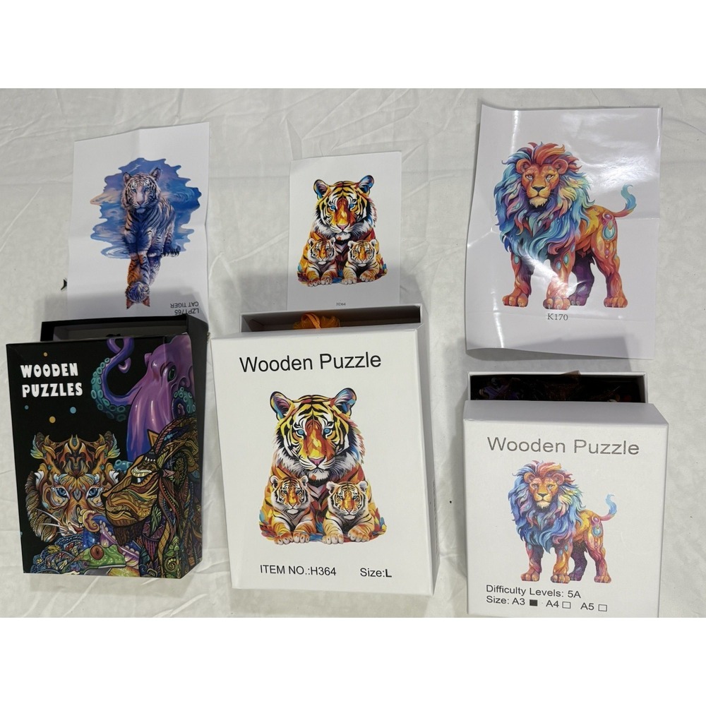 LOT OF 3 Handcrafted Wooden LION & Tigers Jigsaw Puzzle - UNIQUE BRAIN TEASERS